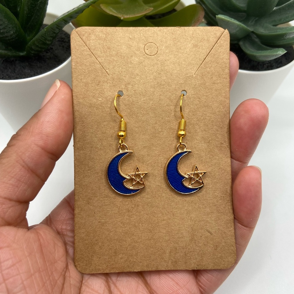 🌙Blue Plated Enamel Moon & Star Celestial Drop Earrings⭐️